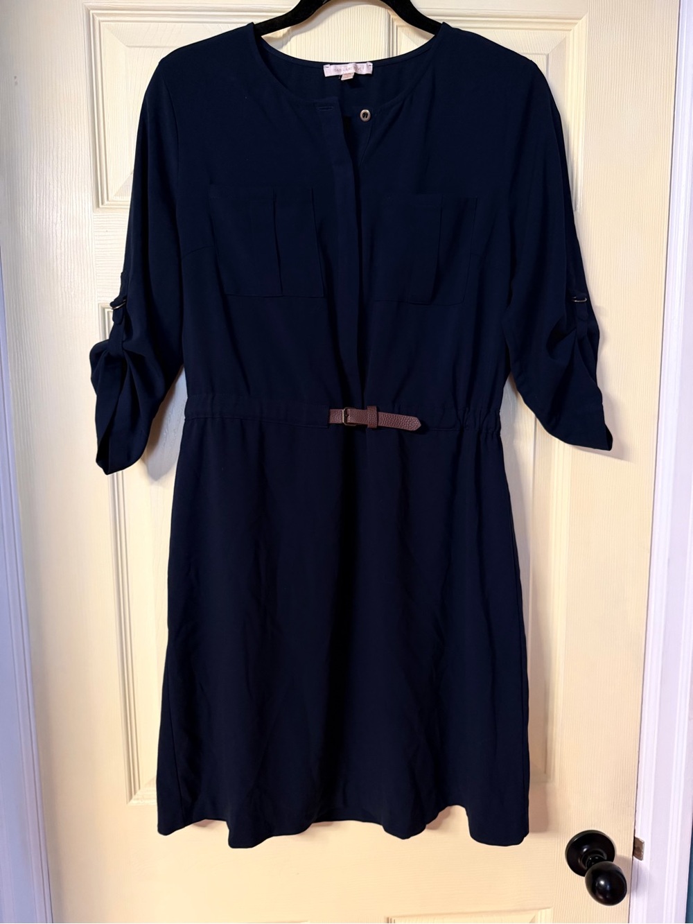 Skies are Blue Delaine Navy Belted Shirt Dress M